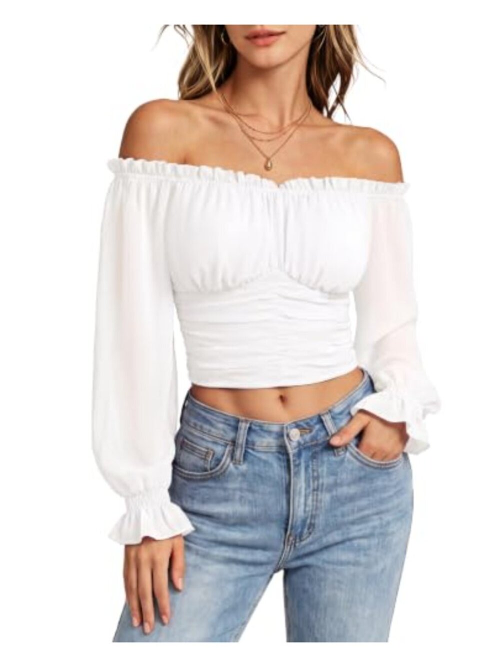 Off Shoulder Crop Top Long Sleeve Chiffon Blouse Ruched Front